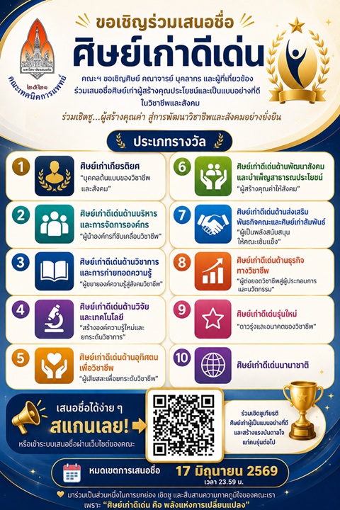 คณะเทคนิคการแพทย์ มหาวิทยาลัยขอนแก่น ขอเชิญศิษย์เก่า คณาจารย์ บุคลากร และผู้ที่เกี่ยวข้อง ร่วมเสนอชื่อเข้ารับการคัดเลือก “ศิษย์เก่าเกียรติยศ และศิษย์เก่าดีเด่น”  ประจำปี 2569