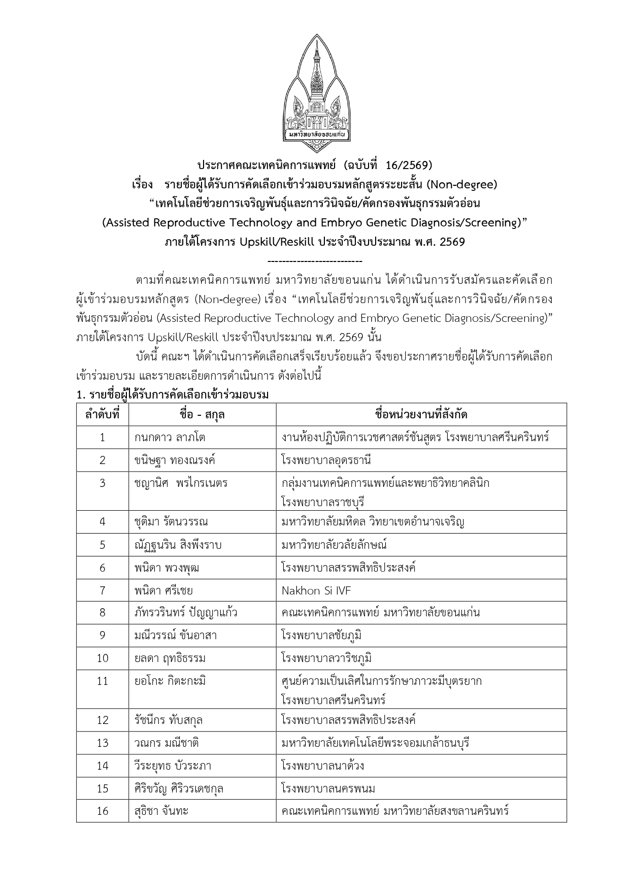 ประกาศคณะเทคนิคการแพทย์ (ฉบับที่ 16/2569) เรื่อง รายชื่อผู้ได้รับการคัดเลือกเข้าร่วมอบรมหลักสูตรระยะสั้น (Non-degree)“เทคโนโลยีช่วยการเจริญพันธุ์และการวินิจฉัย/คัดกรองพันธุกรรมตัวอ่อน”ภายใต้โครงการ Upskill/Reskill ปีงบประมาณ 2569